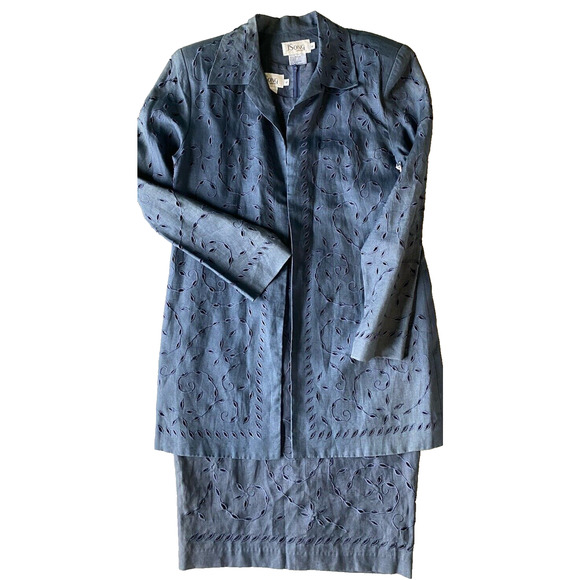 JSong Skirt Suit Womens Size 6 100% Linen Floral Eyelet Lace Gray Vintage Career - Picture 12 of 13